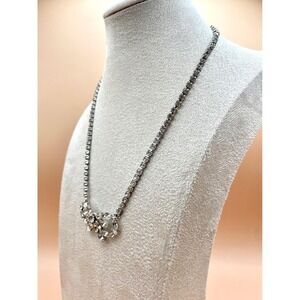 Sherman‎ Vintage Rhinestone Bow Necklace Clear Crystal Silver Tone Signed MCM